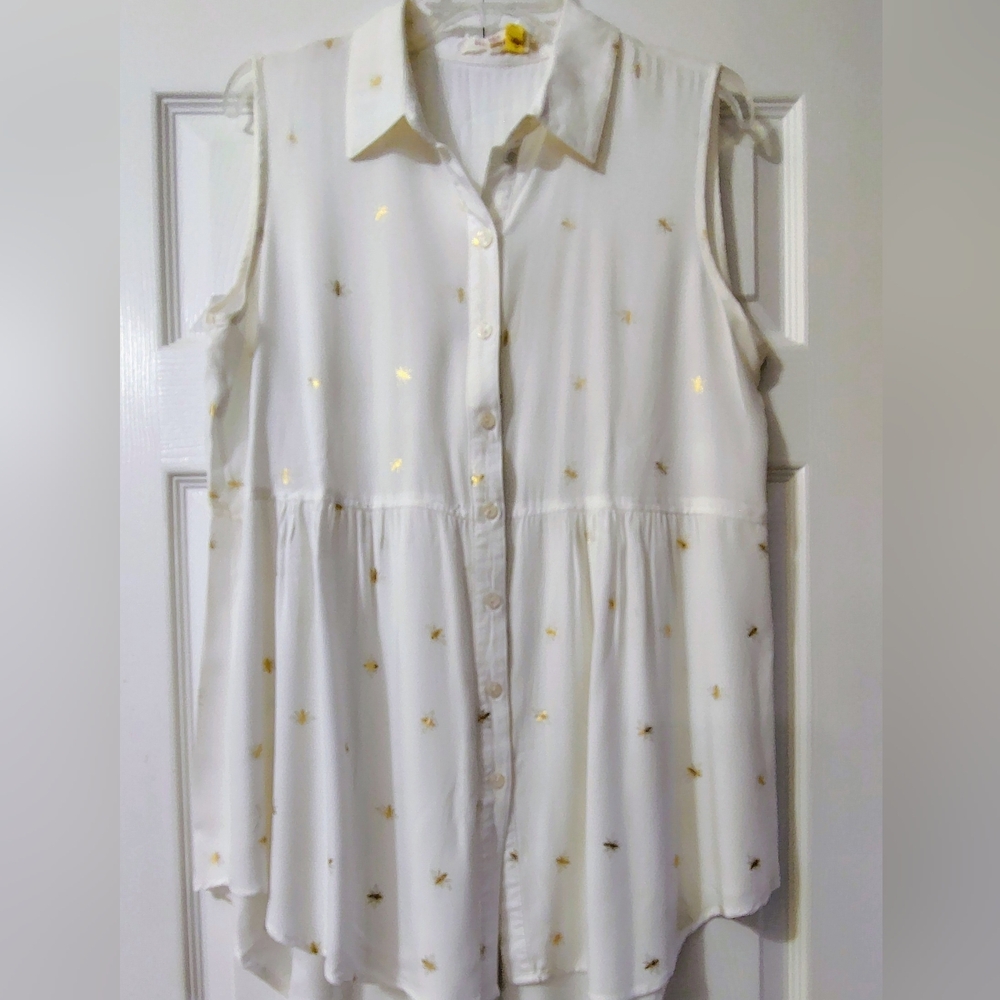 Solitaire Sleeveless Golden Bumblebee Breezy Button Up Tunic Top Womens Sz M EUC